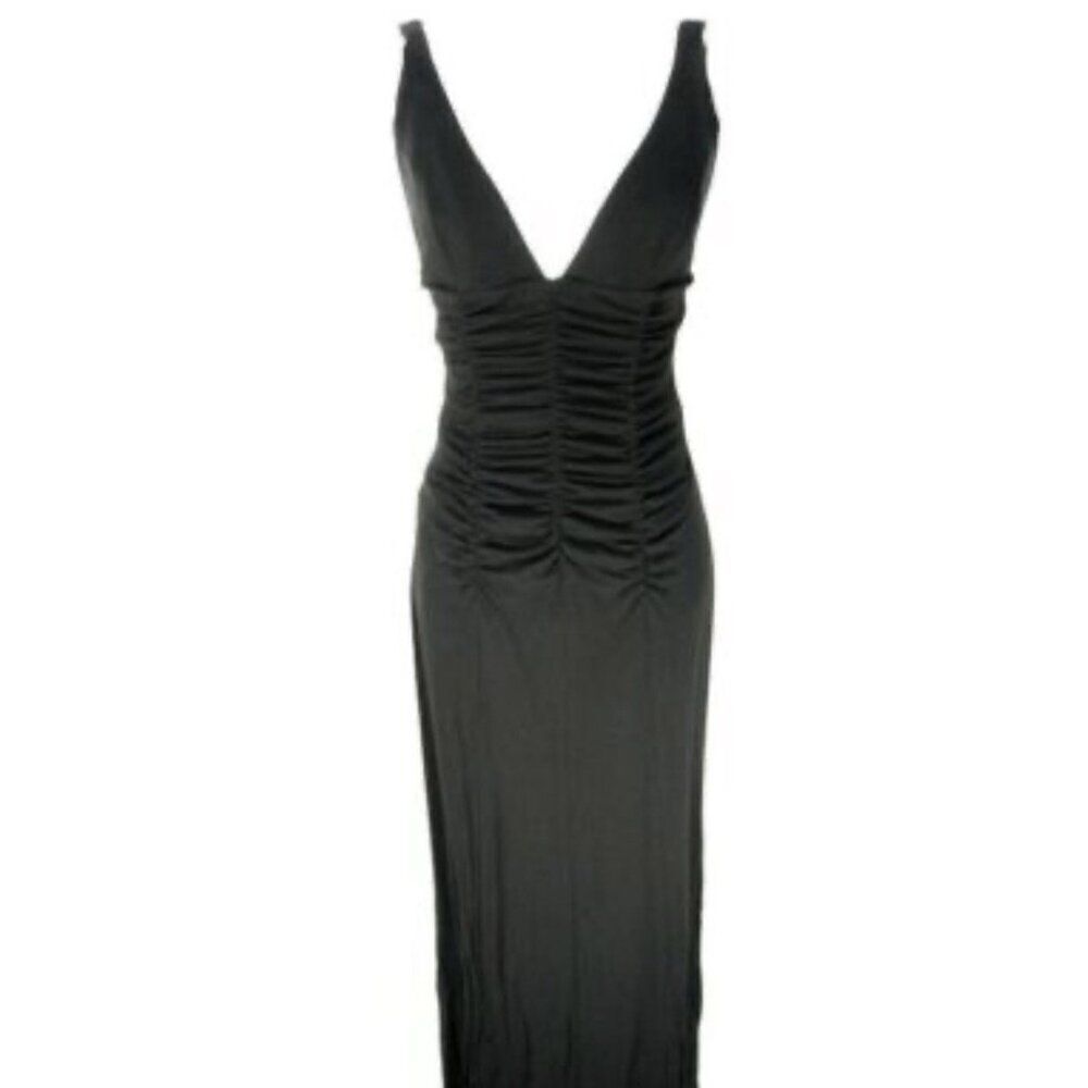 Maria Bianca Nero Solid Black Silk Ruched Plunge Halter Knee Length Dress P Xs